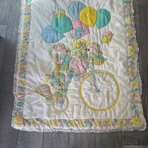 Vintage Thats Our Baby Crib Blanket Quilt Bicycle Balloons Bunny 45 X 35” Ruffle